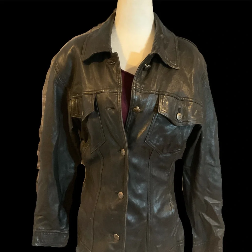 “DANIER” 100% Black Leather Fitted Button Up Jacket. - Picture 1 of 16